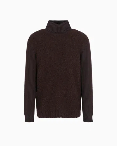 Giorgio Armani Mock-neck Jumper In Bouclé Cashmere, Wool And Silk In Brown