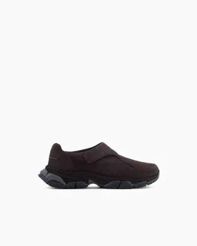 Giorgio Armani Monkstrap Sneakers In Suede In Brown