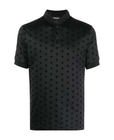 Giorgio Armani Monogram Patterned Shortsleeved Polo Shirt In Black