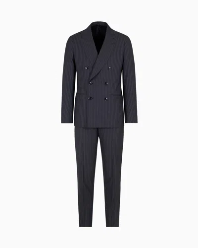 Giorgio Armani Napoli Line Double-breasted Pinstriped Suit In Virgin Wool In Blue