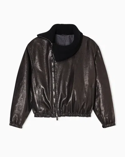 Giorgio Armani Nappa Leather Bomber Jacket With Wool Collar In Black