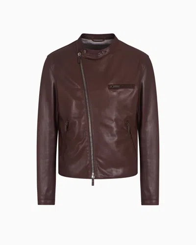 Giorgio Armani Nappa-leather Jacket With Threading In Brown