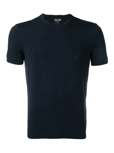 Giorgio Armani Logo-embroidered T-shirt In Blue