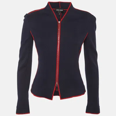 Giorgio Armani Navy Blue Jacquard Knit Zip Up Jacket In Black