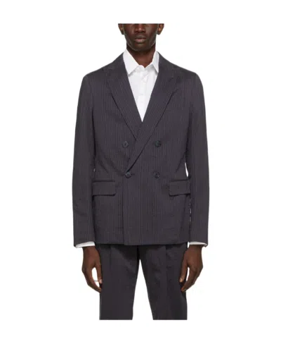 Giorgio Armani Navy Blue Logo Double-breasted Suit Jacket In Black