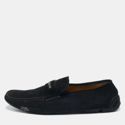 Giorgio Armani Navy Blue Suede Slip On Loafers In Black