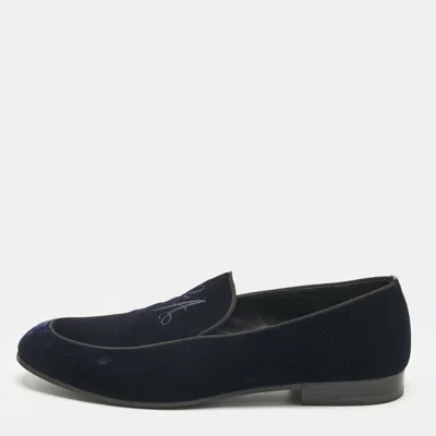 Pre-owned Giorgio Armani Navy Blue Velvet Embroidered Logo Slip On Loafers Size 43
