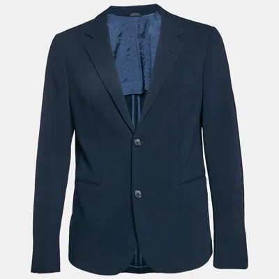 Pre-owned Giorgio Armani Navy Blue Waffle Pattern Wool Single Breasted Blazer L