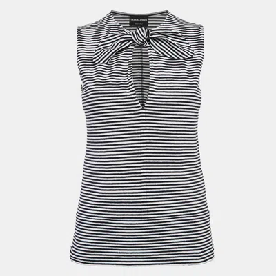 Pre-owned Giorgio Armani Navy Blue/white Stripe Knit Tie-up Neck Top M