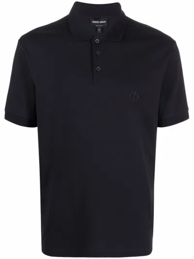 GIORGIO ARMANI NAVY COTTON BLEND POLO WITH EMBROIDERED LOGO