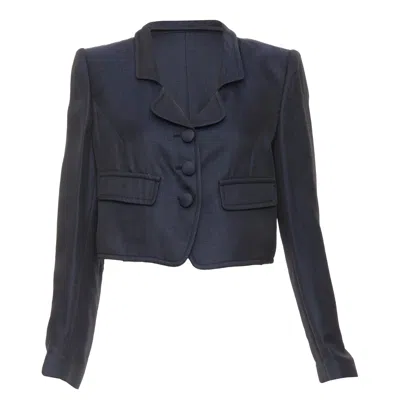 Giorgio Armani Navy Textured Flap Pockets Cropped Evening Jacket Blazer It46 Xl In Blue