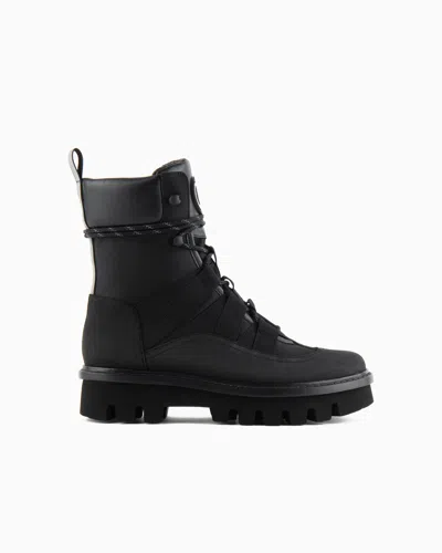 Giorgio Armani Neve Lace-up Ankle Boots In Nubuck, Technical Fabric And Nappa Leather In Black
