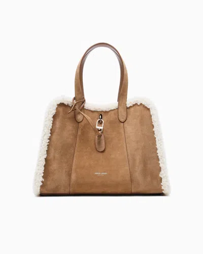 Giorgio Armani Neve Large Suede And Shearling Sheepskin Tote Bag In Brown