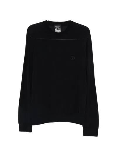Giorgio Armani Long Sleeve Silk Nylon Crew Neck Top In Black