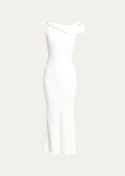 Giorgio Armani Off-shoulder Satin Crystal Trim Gown In Solid White