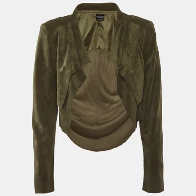 Pre-owned Giorgio Armani Olive Green Faux Suede And Jersey Open Front Jacket S