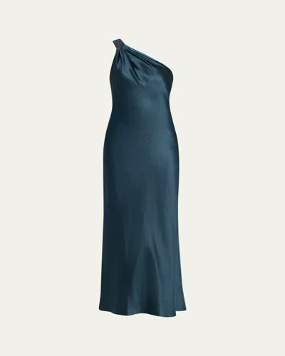 Giorgio Armani One-shoulder Shimmering Satin Ankle Dress In Blue
