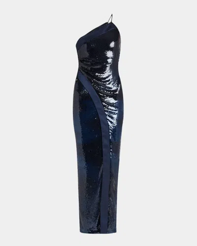 Giorgio Armani Paillette Tulle One-shoulder Gown In Solid Blue Navy