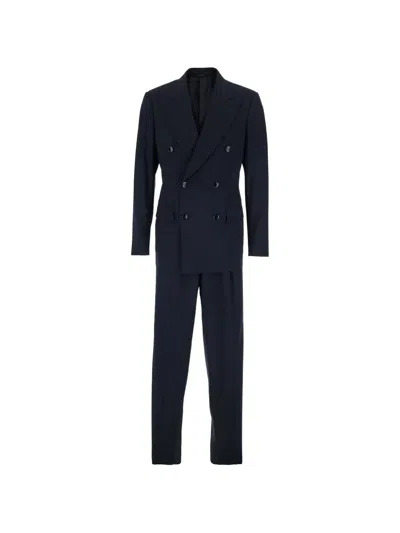 Giorgio Armani Men Blue Double-breasted Suit With Peak Lapels In Wool Man