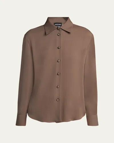 Giorgio Armani Pearly Buttoned Silk Georgette Shirt In Brown