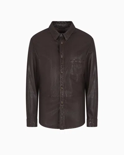 Giorgio Armani Perforated Nappa-leather Shirt Jacket In Brown