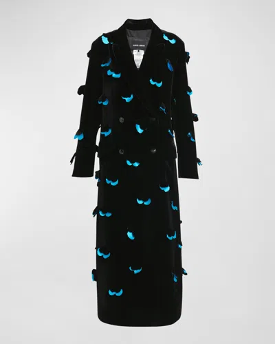 Giorgio Armani Petal-embroidered Velvet Double-breasted Maxi Coat In Black