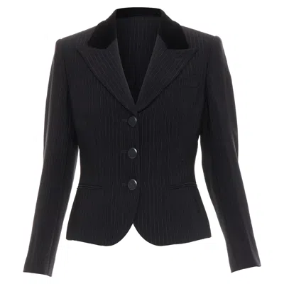 Giorgio Armani Pinstripe Velvet Trim Cropped Tuxedo Blazer In Black
