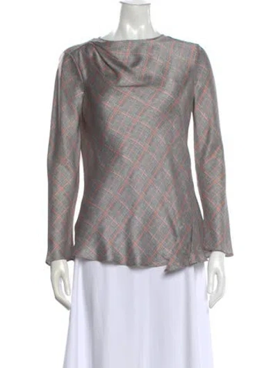 Pre-owned Giorgio Armani Plaid Print Cowl Neck Blouse In Gray