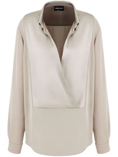 Giorgio Armani Draped Silk Long-sleeve Blouse In Beige