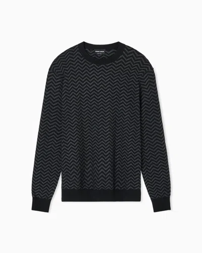 Giorgio Armani Plated Chevron Virgin Wool, Crew-neck Jumper In Black