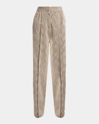Giorgio Armani Pleated Cotton Jacquard Tapered-leg Trousers In Brown
