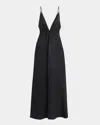 Giorgio Armani Plunging Glitter Silk Satin Gown In Solid Black