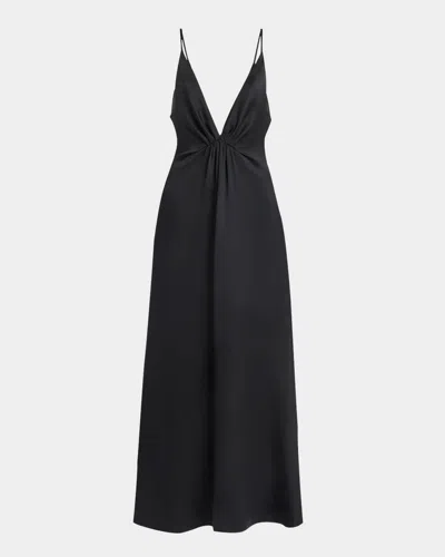 Giorgio Armani Plunging Glitter Silk Satin Gown In Solid Black