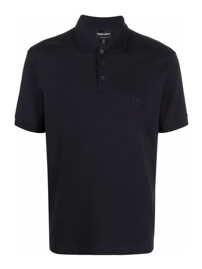 Giorgio Armani Black Cotton-blend Polo Shirt With Classic Collar