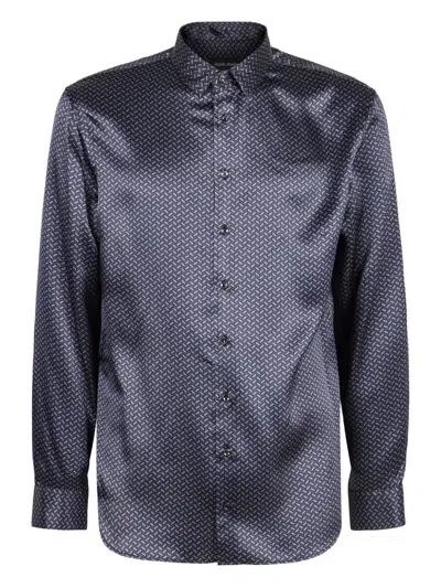 Giorgio Armani Printed Curved-hem Shirt In Blue