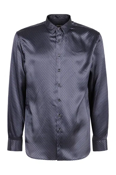 Giorgio Armani Printed Silk Shirt In Blue