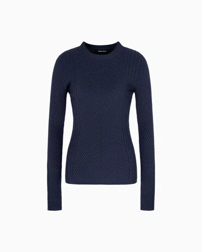Giorgio Armani Pull À Col Ras-du-cou En Laine Vierge Côtelée In Blue