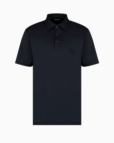 Giorgio Armani Pure Cotton Interlock Polo Shirt With Embroidered Logo In Blue