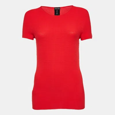 Pre-owned Giorgio Armani Red Rib Knit Short Sleeve Top M