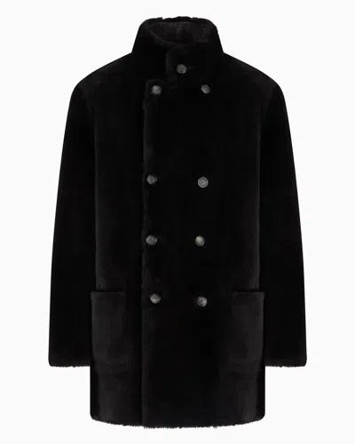 Giorgio Armani Reversible, Double-breasted Sheepskin Pea Coat In Brown