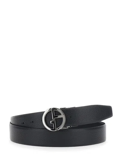 Giorgio Armani Reversible Leather And Tech Fabric Belt With Ga Logo In Black