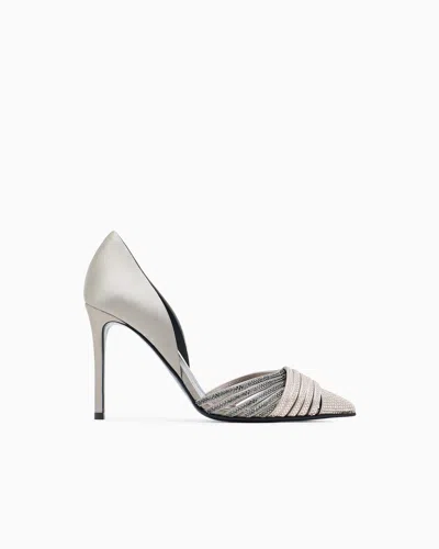 Giorgio Armani Rhinestone And Satin Court Shoes In Silver