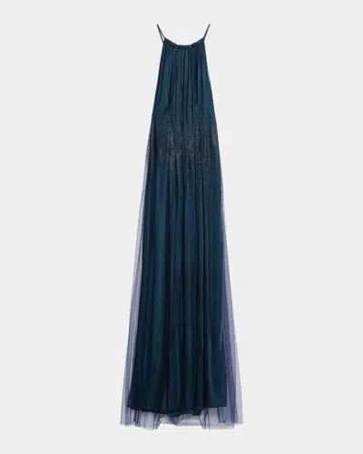 Giorgio Armani Rhinestoned Pleated Tulle Jersey Halter Gown In Blue