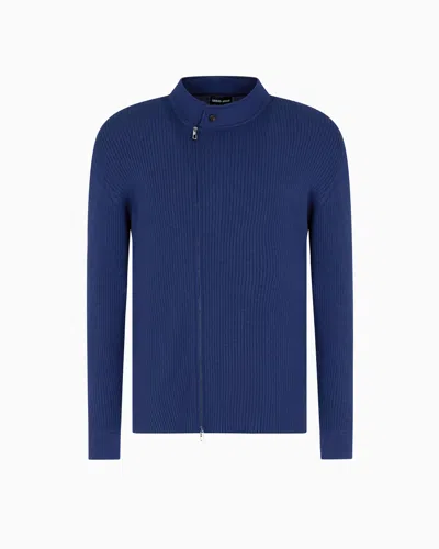 Giorgio Armani Ribbed Cashmere And Silk Zip-up Cardigan In Blue