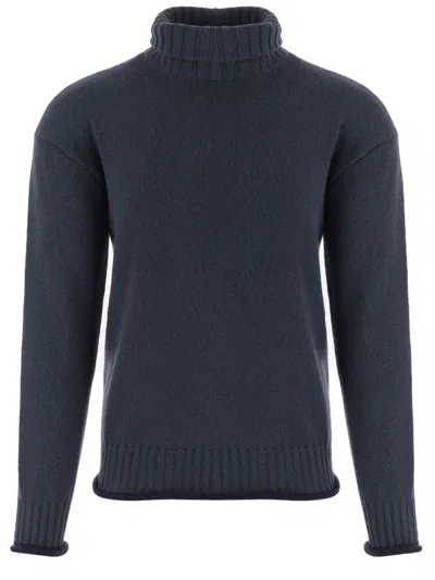 Giorgio Armani Ribbed High Neck Cashmere Sweater With Semi-rolled Edges In Blue