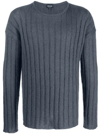 Giorgio Armani Ribbed Knit Mohair-wool Blend Jumper In Navy