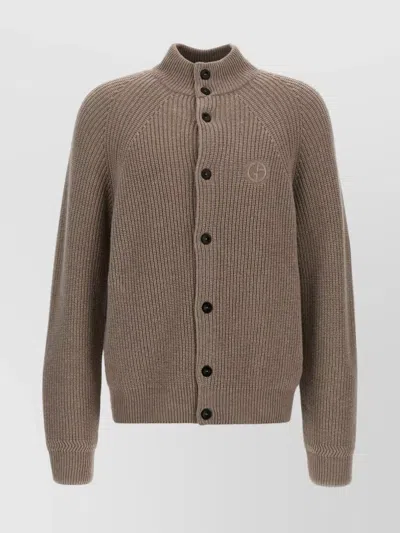 Giorgio Armani Ribbed Texture High Neck Cardigan With Front Pockets In Beige