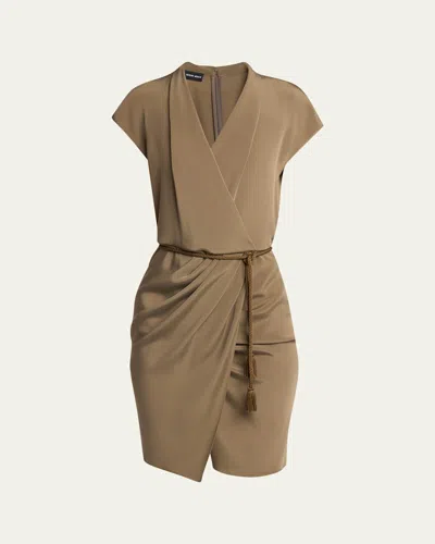 Giorgio Armani Rope Belted Short-sleeve Draped Dress In Brown
