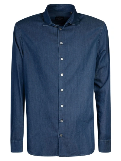 Giorgio Armani Round Hem Plain Shirt In Blue Denim