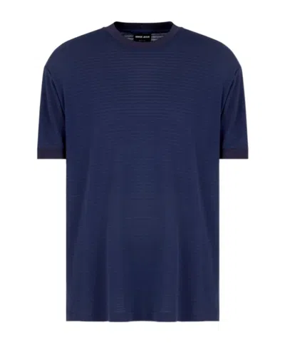 Giorgio Armani Round Neck Straight Shoulder Striped T-shirt In Dark Blue